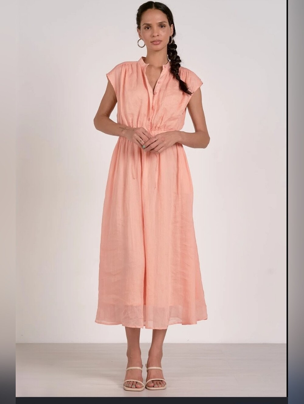 Elan Capsleeve Button Front Maxi Dress Light Peach Ramie Small